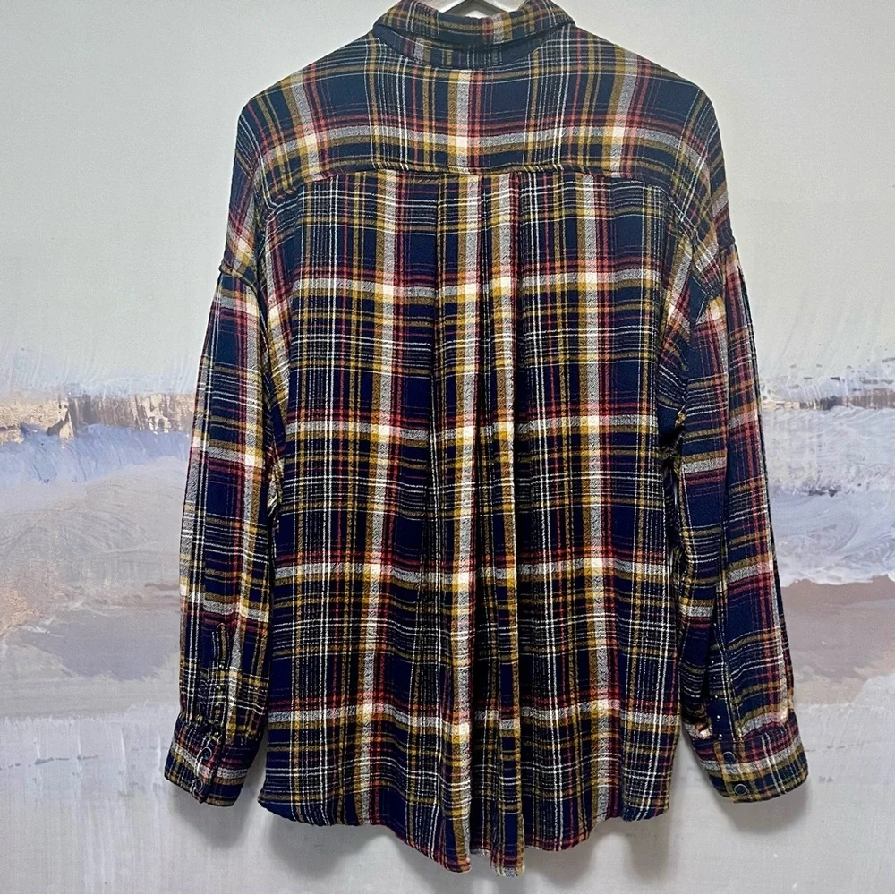 WE THE FREE PEOPLE Blue Plaid Flannel Shirt RIVETED Womens S Button Up Oversized - Picture 5 of 16